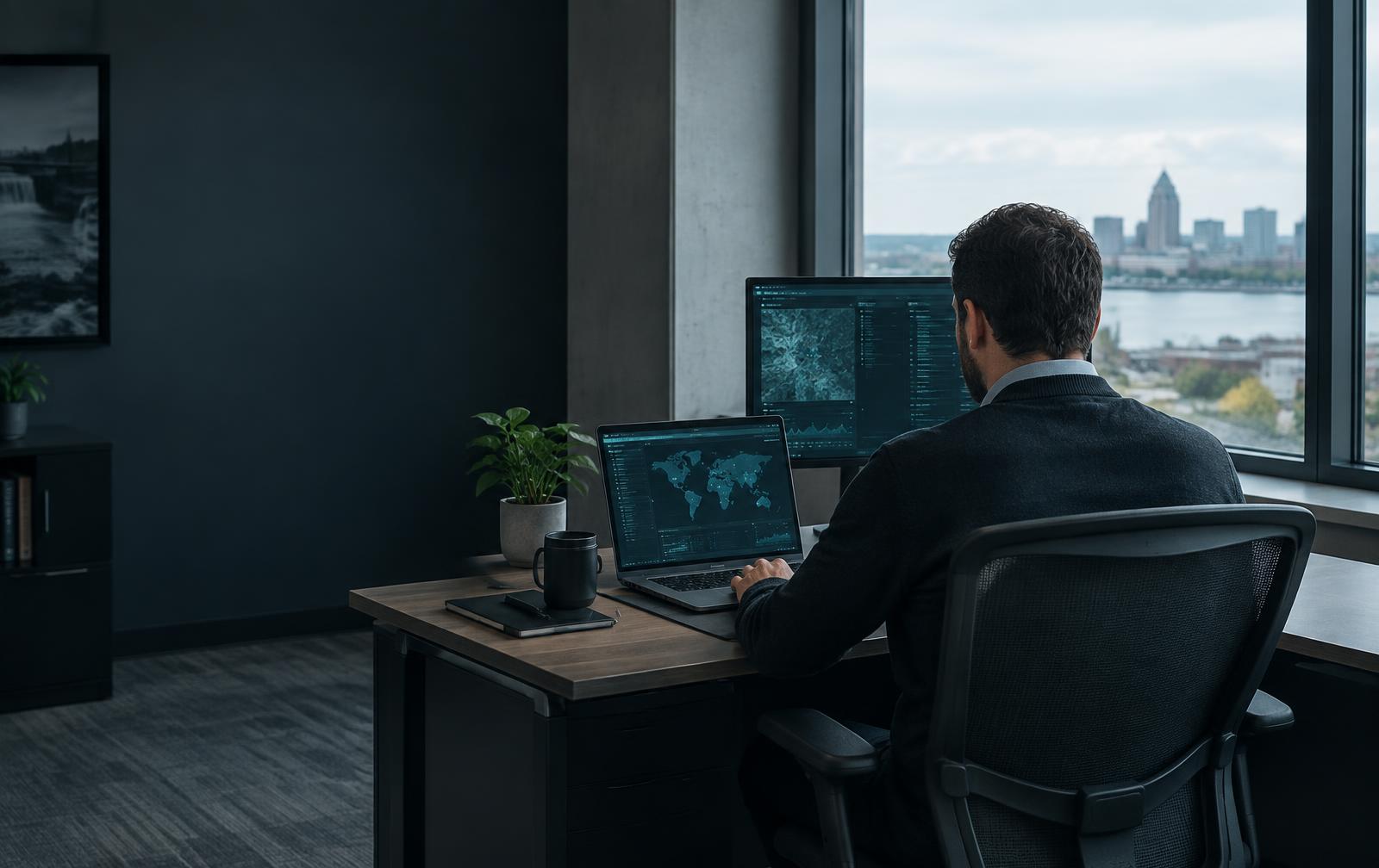 A small business workspace with a laptop and network displays